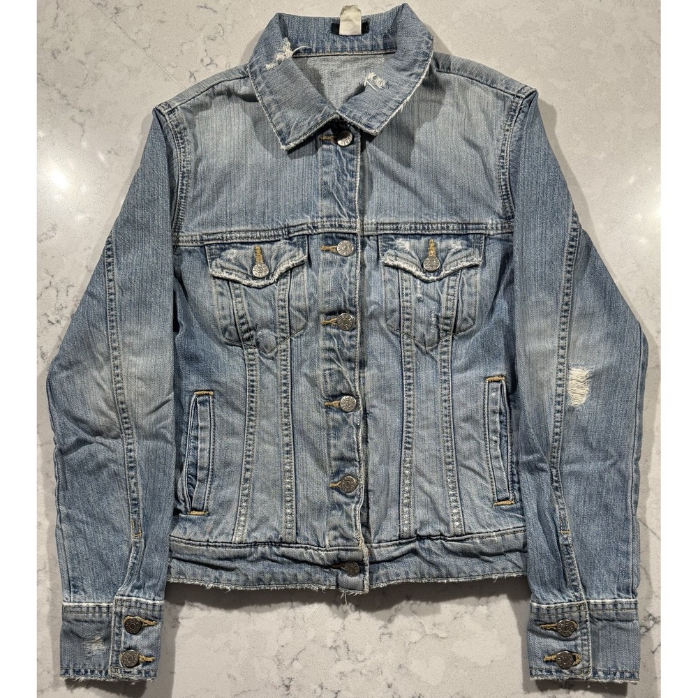 VTG 90s J.Crew Denim Jacket Womens XS Blue Distressed Trucker Casual Y2K - Picture 1 of 10